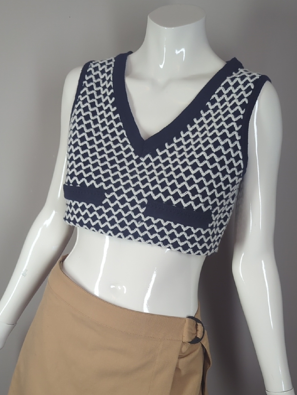 Navy White Knit Cropped Tank Top Coastal Nautical Crop S